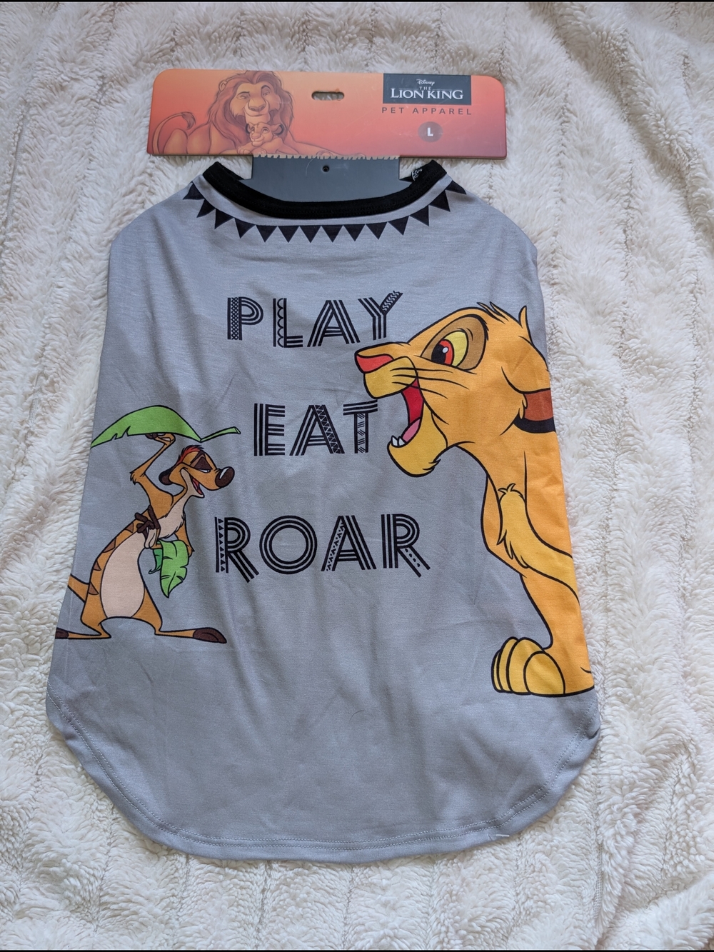 Disney Gray Dog Tee with Yellow Simba & Brown Timon PLAY EAT ROAR, Size Large